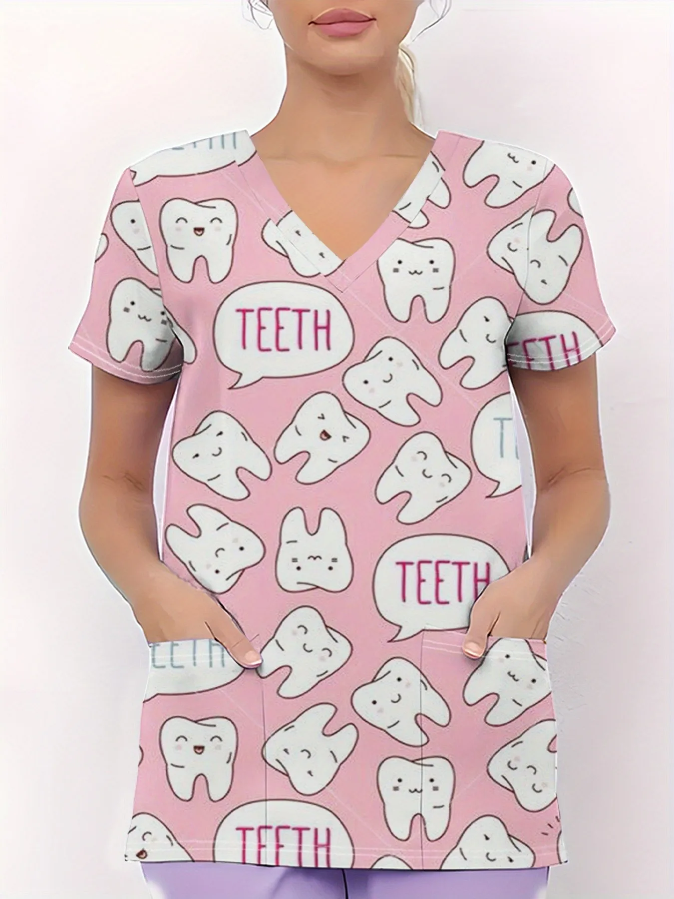 2026 Summer New Fashionable Casual Trendy Comfortable Versatile 3D Tooth Pattern Printed Women's V-neck Nurse Uniform
