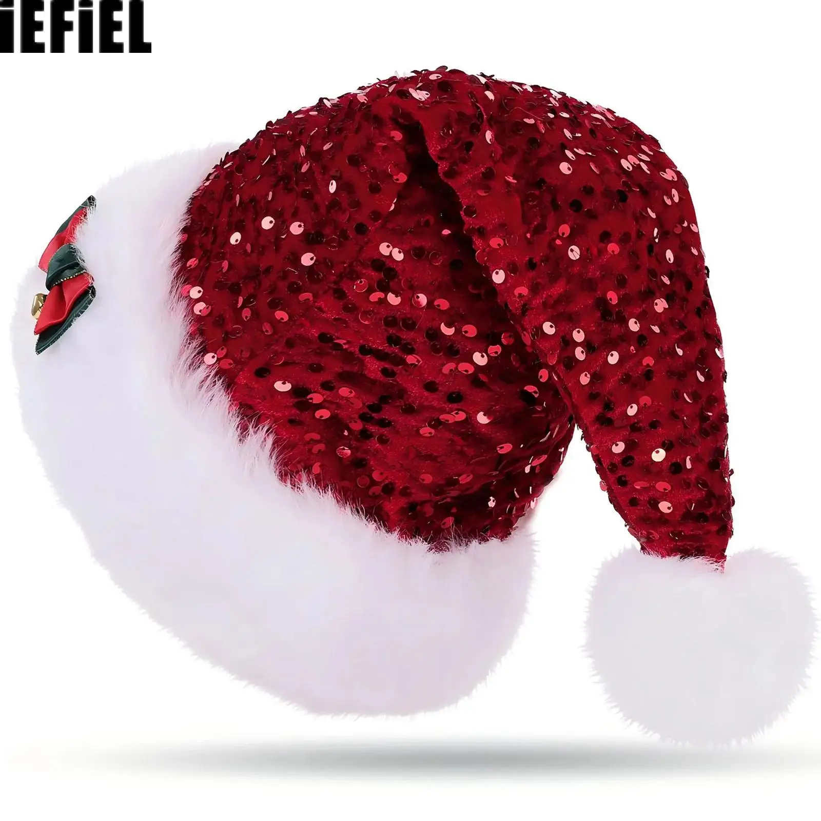 Damskie Męskie Świąteczne Czapki z Cekinami Czapka Świętego Mikołaja Dzwonek Kokarda Pompon Czapka Imprezowa na Nowy Rok