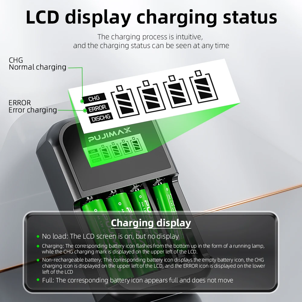PUJIMAX 1.5V 4255mWh 1100mWh High Capacity Lithium Battery Cells Lithium And Charger Set 8-Slot LED Smart Dimmable Charger