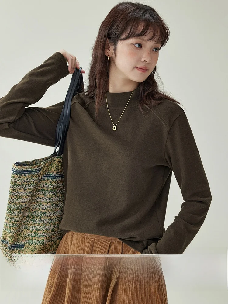 

AMUU Original Coffee Color High Ne Long Sve Women's T-irt Double Sided Fce Inner Wear Top Korean Sle Loose Fit