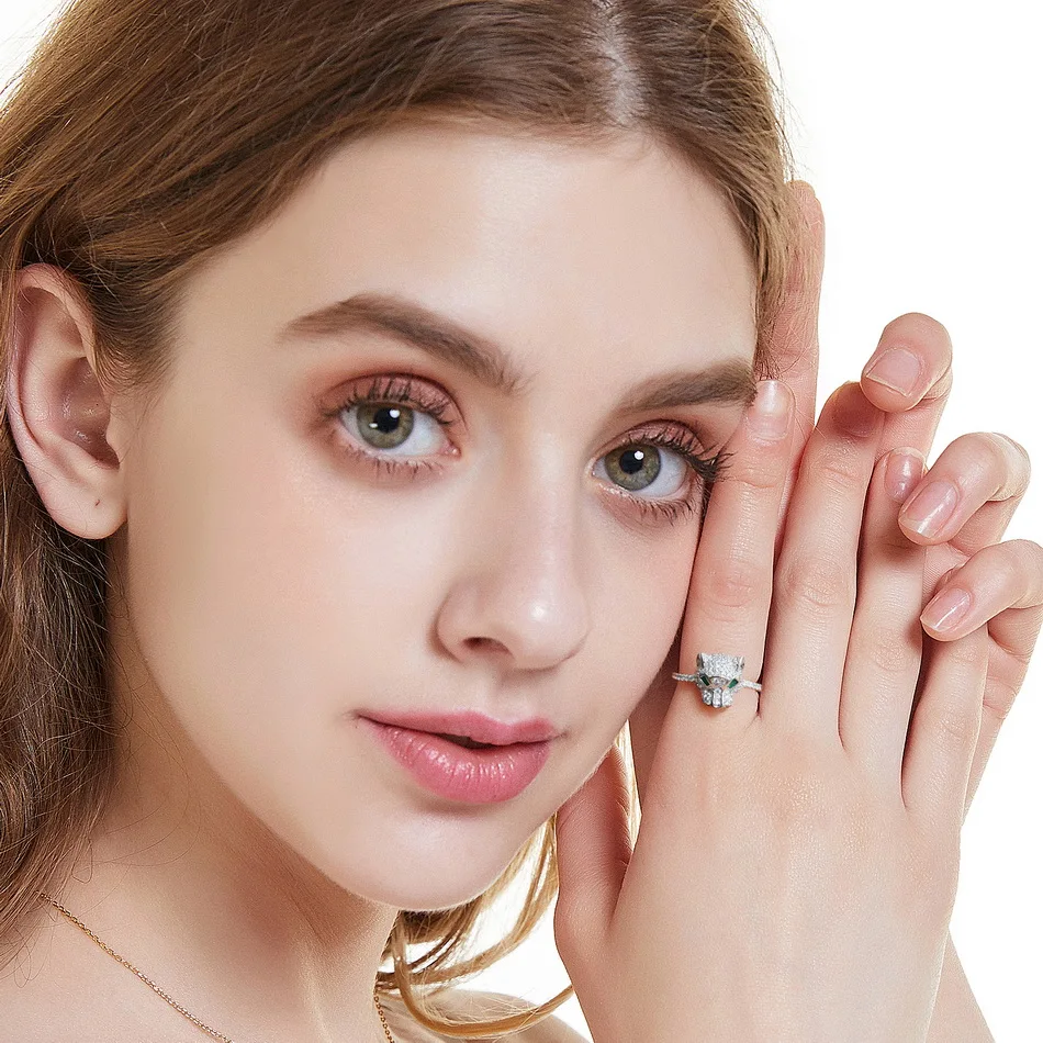 ALLNOEL 925 Sterling Silver Open Rings For Women Hollow Leopard Head Ring Animal Sparkling Cubic Zirconia Jewelry Gifts Hip Hop