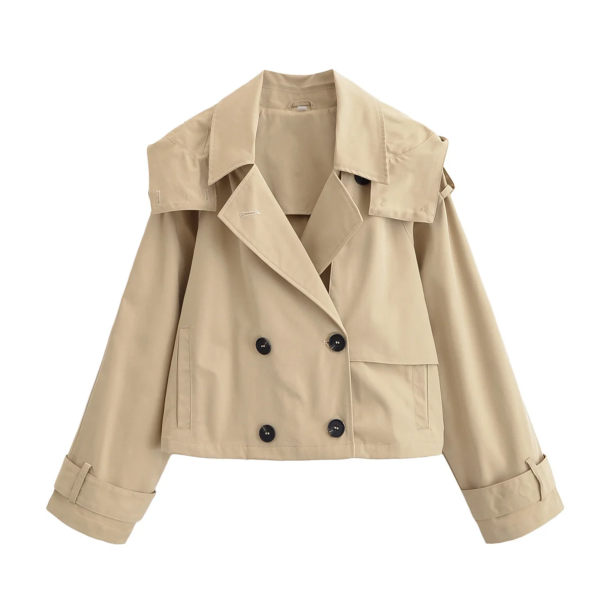 

Women's new Fashion Casual short double breasted hooded Windbreaker coat retro long sleeved side pocket women's coat chic top