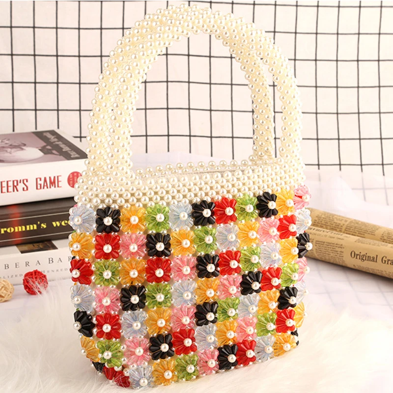 Handwoven Beaded Pearls Hand-held Colorful Flower Buckle Inner Bag Leisure Holiday All-match Summer Clear Purses Handbags Jelly