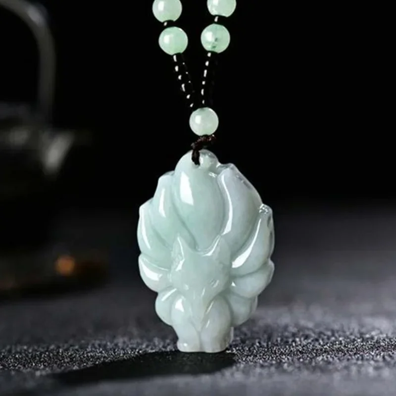 Natural Emerald Jade Nine tail fox Pendant Necklace Jewellery Fashion Accessories Hand-Carved man woman Amulet Gifts