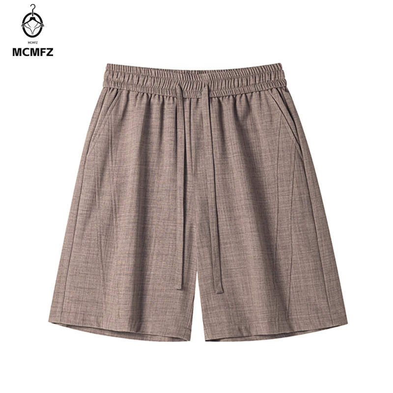 Summer Basic Bermuda Shorts Men Straight Cut Elastic Drawstring Waist Wrinkle Resistant Material Easy Matching Bottoms