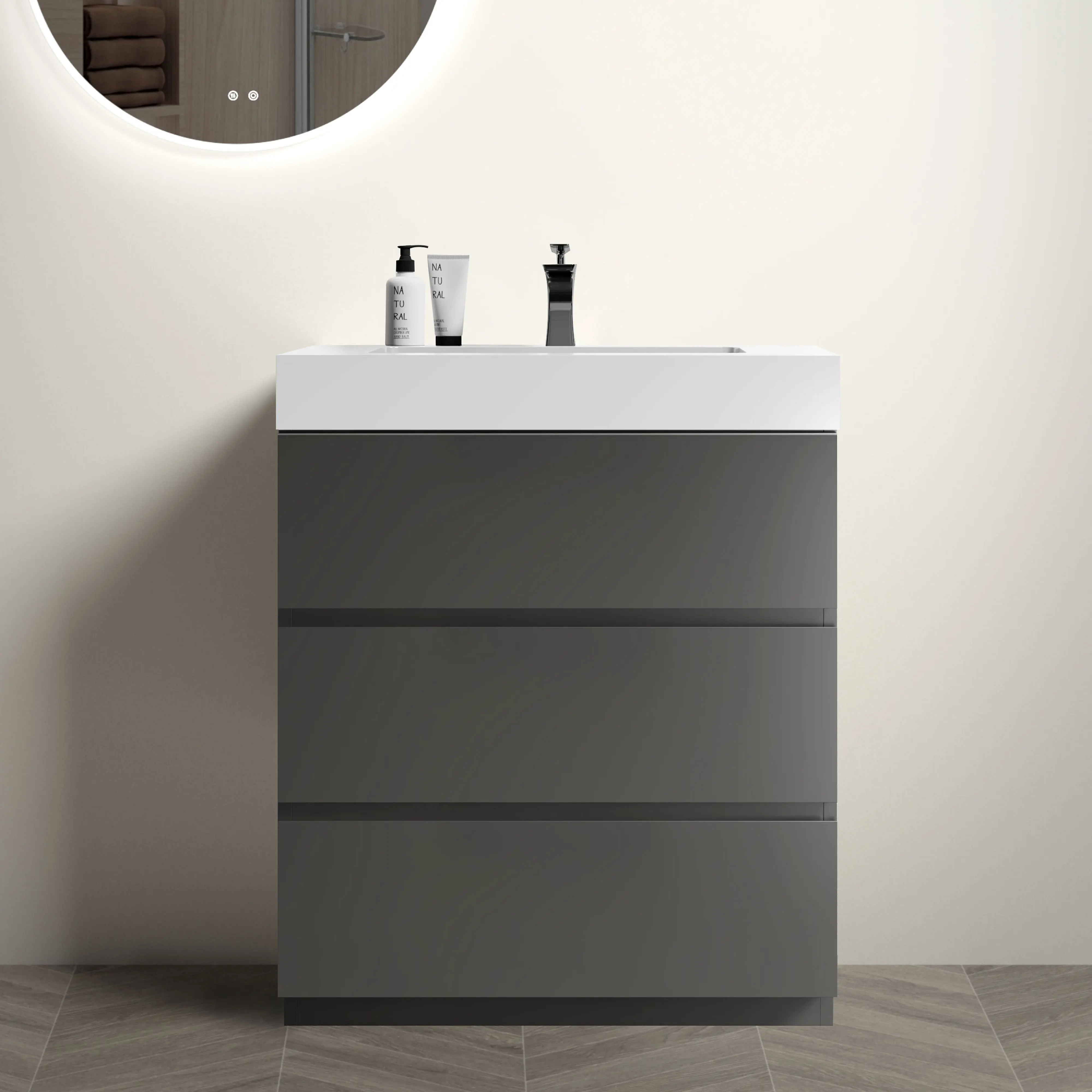 

30" Gray Bathroom Vanity with Sink, Large Storage Freestanding Bathroom Vanity for Modern Bathroom, One-Piece White Sink Basin