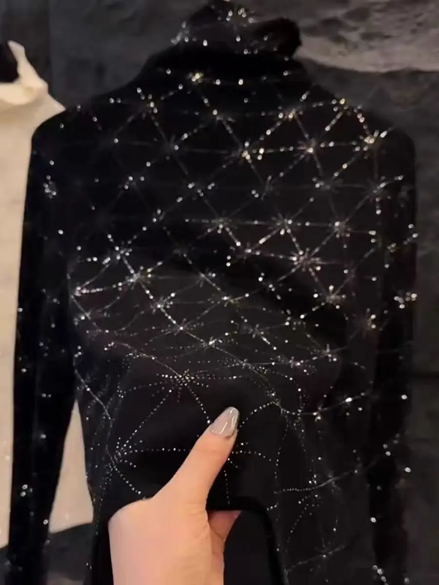 Luxury Sparkle Diamonds Hot Drilling Turtleneck Black Sweater for Women Autumn/Winter Knitwear Bottoming Pullovers Sweaters