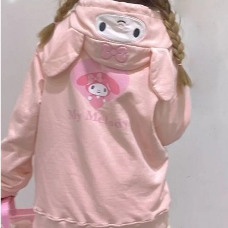 Sanrio Kuromi Cinnamoroll Melody Hoodie for Women Y2k Kawaii Sweet Zipper Tops Thin Cotton Hooded Sweatshirt Women Clothes