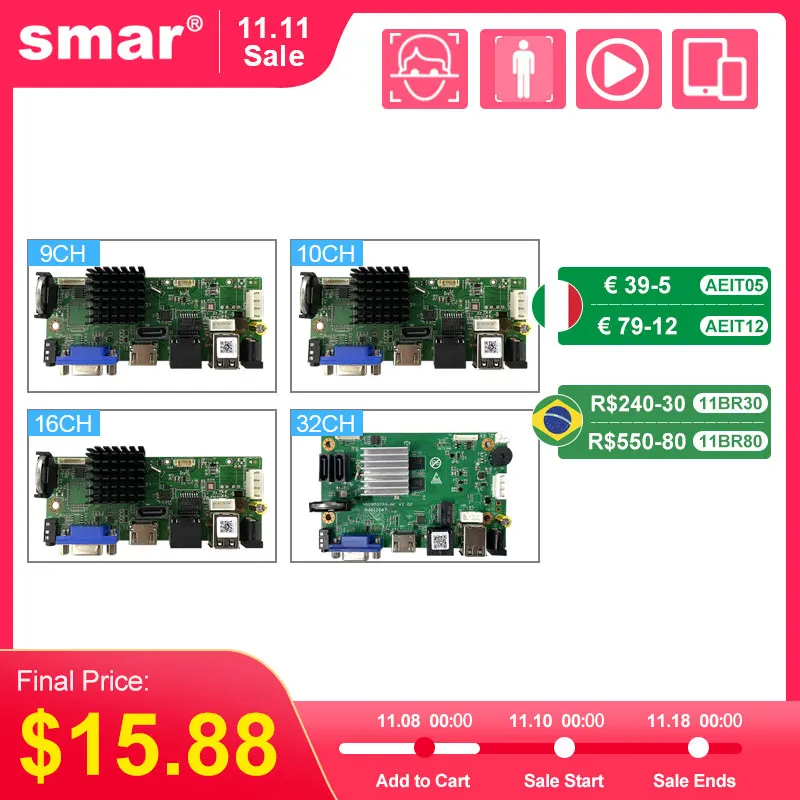 Smar CCTV 9CH 10CH 16CH 32CH 4K NVR Motherboard For 5MP 8MP IP Camera Support XMEYE ONVIF H.265+Network Digital Video Recorder