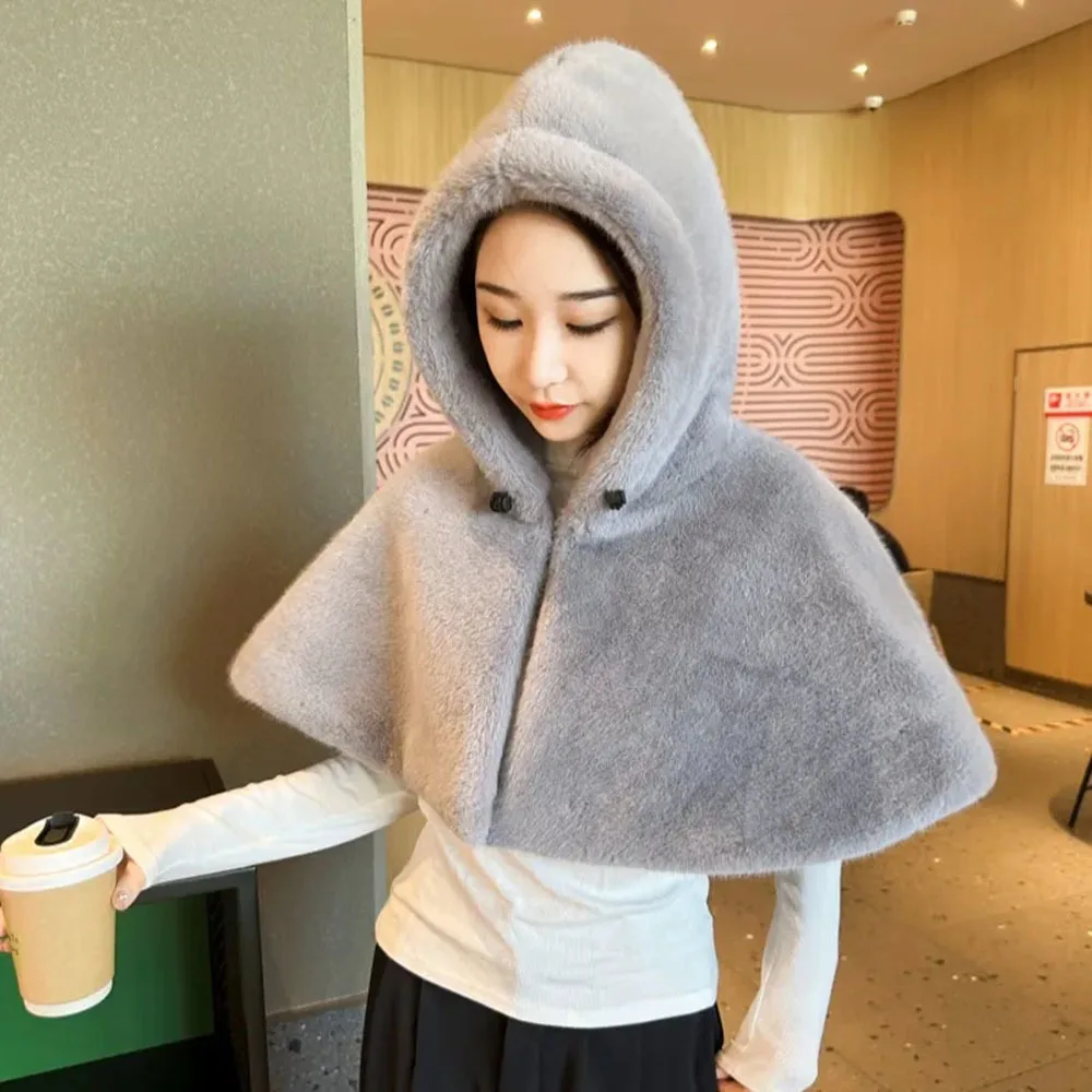 

Winter Women's Hooded Cloak Plush Windproof Cape Shawl Coat Thicken Warm Mink Velvet Integrated Faux Fur Smock Female Poncho