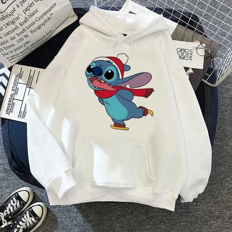 Funny Hoodies Women Harajuku Disney Stitch Christmas Pullovers Cute Kawaii Casual Tops Angel Print Long Sleeve Hooded Sweatshirt