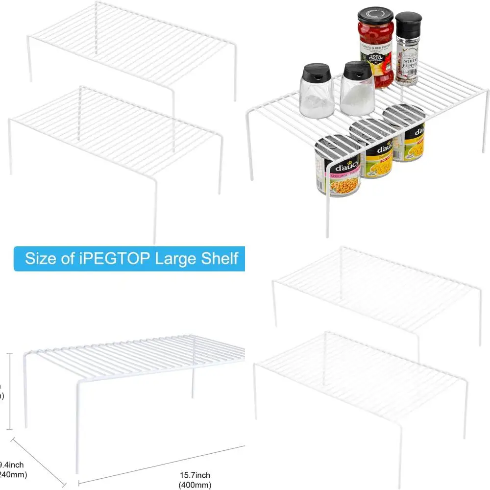 

Большой набор нержавеющих металлических проволочных полков, белый кухонный органайзер из 2 предметов для хранения специй, посуды и кладовой (15,7 x 9,4