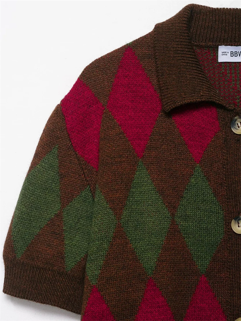 

Женский вязаный кардиган с ромбовидным узором, рубашка-поло, куртка, повседневная мода, новинка