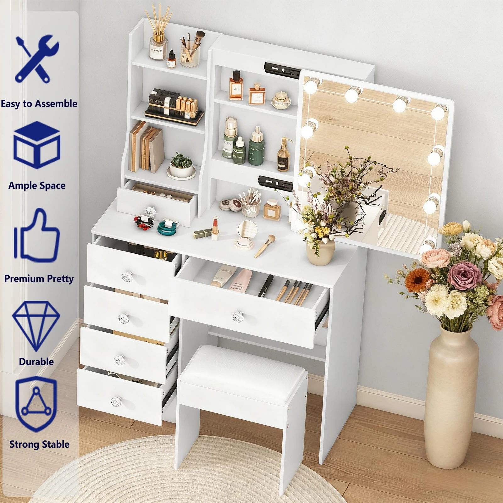 Set da toeletta bianco con specchio a LED in stile Hollywood, maniglie in cristallo, cassetti multipli e ripiani aperti, tavolo da trucco con sgabello imbottito per la camera da letto, ideale come