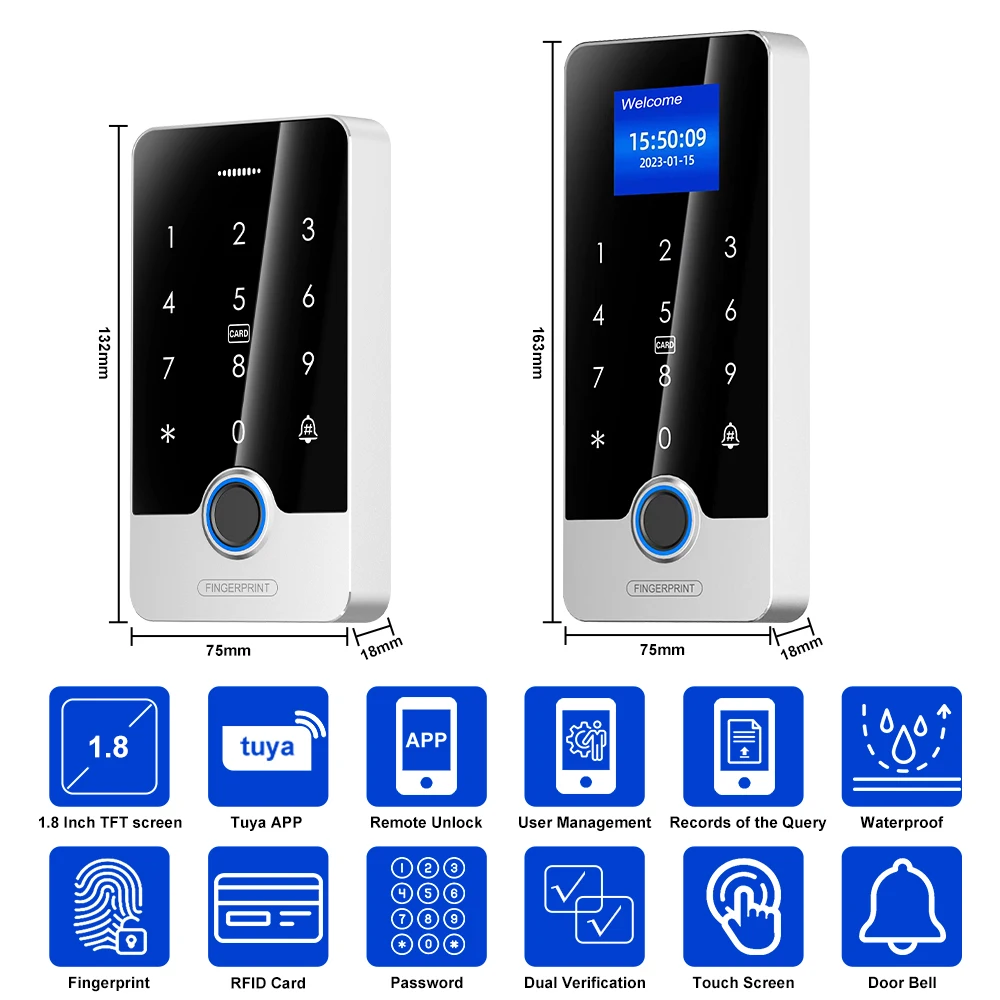 Tuya APP Waterproof Bluetooth Fingerprint Access Controller Standalone RFID Touch Keypad 13.56MHz and 125Khz Door Opener System