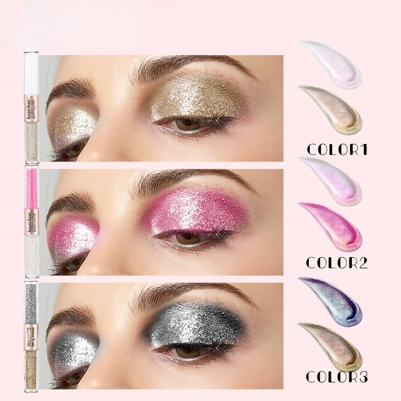 Dwustronny płynny cień do powiek, 2 kolory, połysk i brokat, długotrwały, wodoodporny, odporny na rozmazywanie, do makijażu na imprezę i na co dzień.
