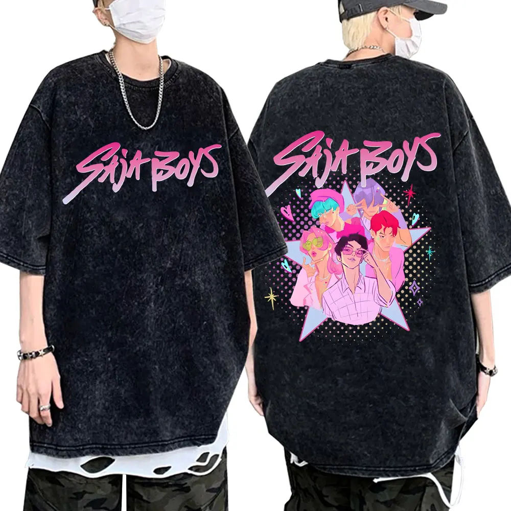 

Washed Vintage Movie KPop Demon Hunters Saja Boys Double Sided Print T-shirts Men Women Korean Fashion Trend T Shirt Streetwear