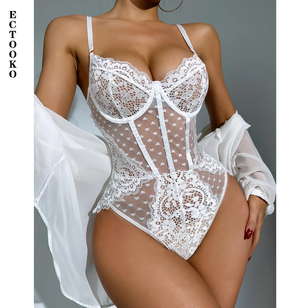 ECTOOKO Women Teddy Erotic Lace Mesh Nightwear Bodysuit Embroidered Strap Sexy Pajamas Lingerie