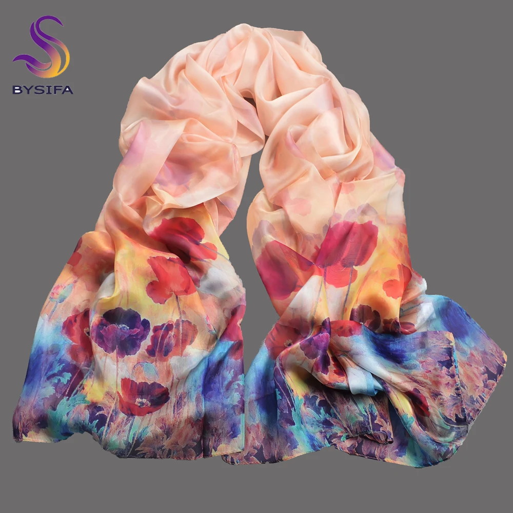 BYSIFA| Red Blue 100% Silk Large Scarf Shawl Women New Floral Design Mulberry Silk Long Neck Scarves Wraps Fall Silk Scarf Hijab