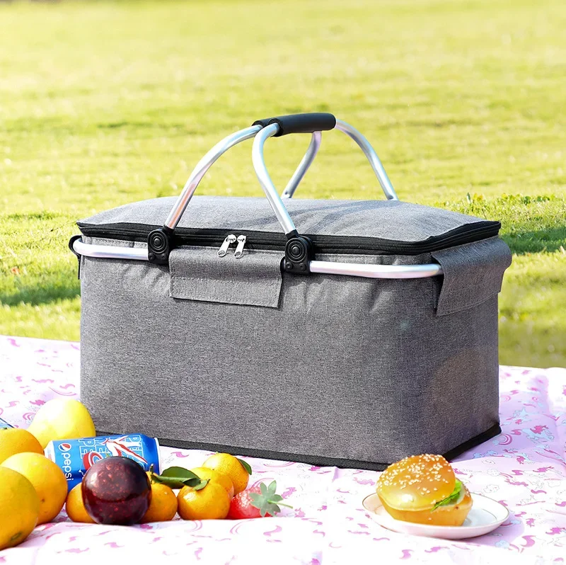 Outdoor insulation basket Aluminum foil thickened picnic basket Oxford cloth folding picnic bag incubator ice bag ice basket