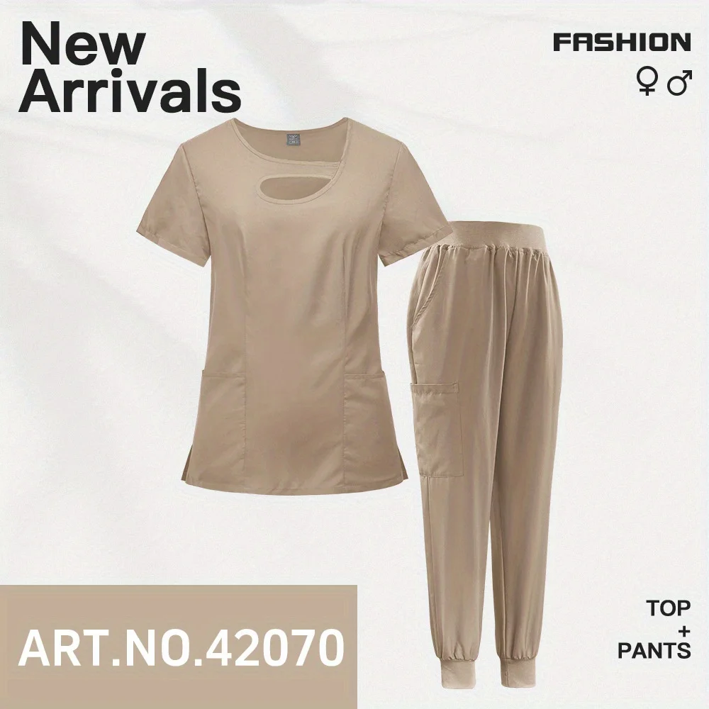 2 Piece Hollow Out Solid Color Women Short Sleeve Scrub Set Lightweight Long Pants Uniform for Beauty Salons