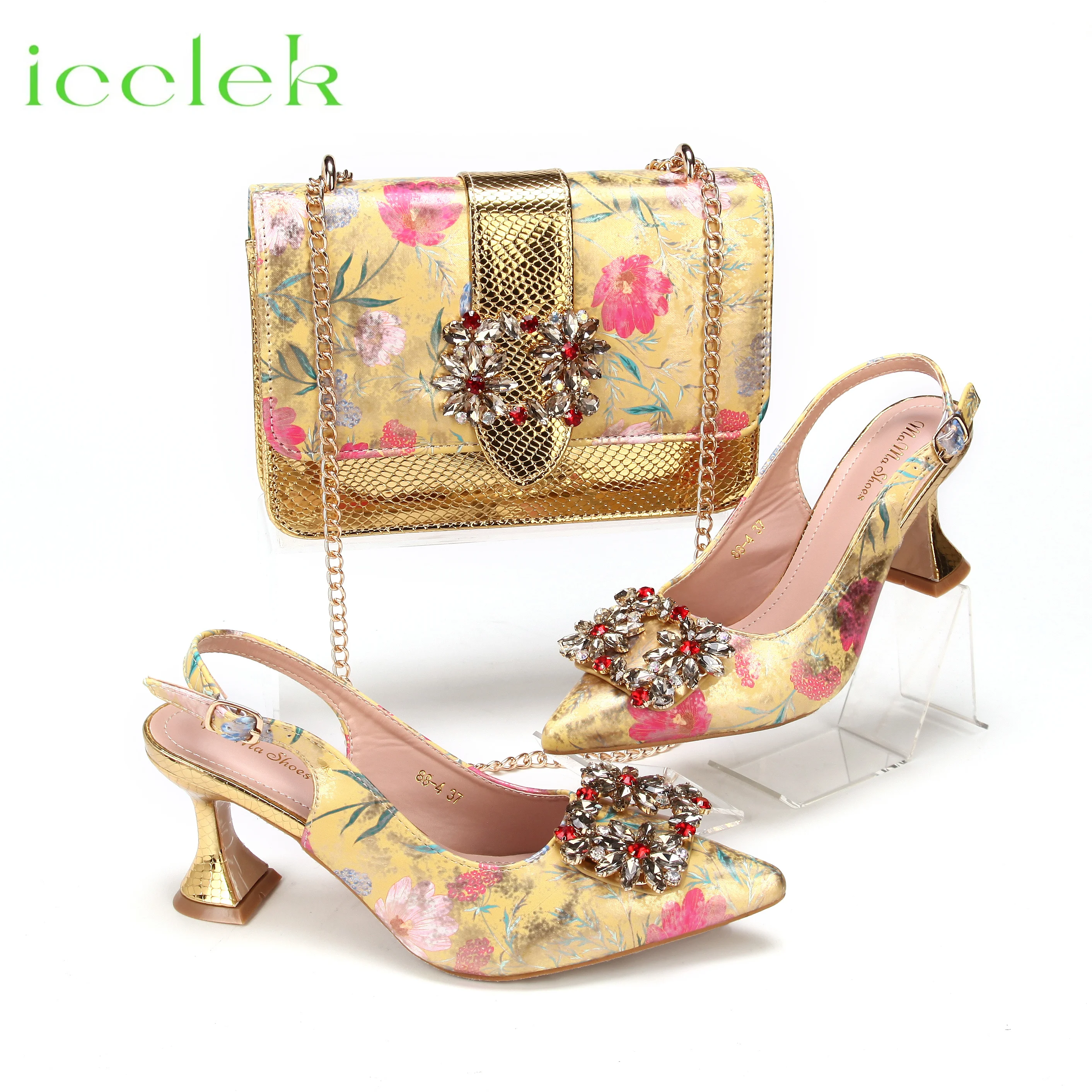 

Итальянский дизайн, девчачий стиль, сандалии с острым носком, обувь и сумка с цветочным принтом, украшение из материала с кристаллами для свадебной вечеринки