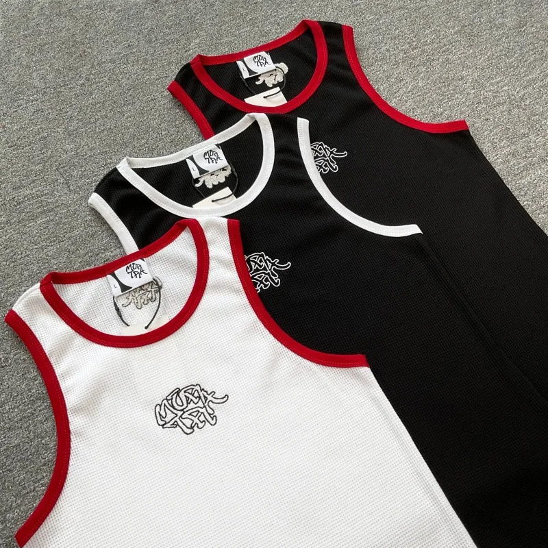 Mertra Trendy Embroidered Letter Block-Color Waffle-Weave Tank Top Summer Sports & Fitness Sleeveless