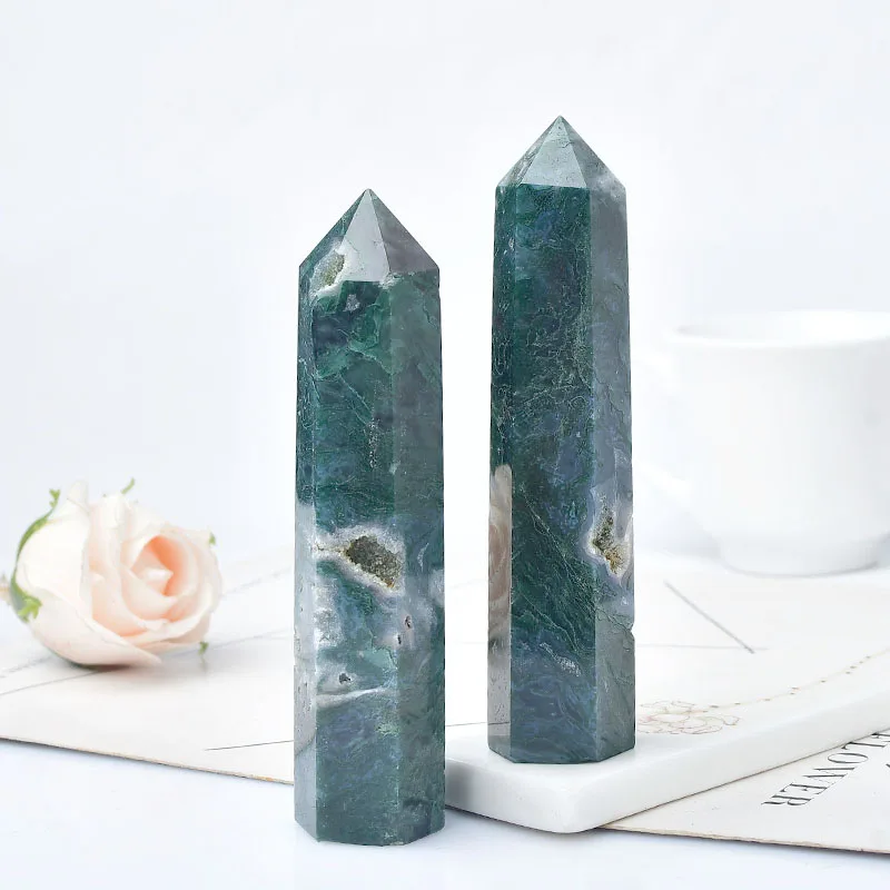 

1PC Natural Stone Moss Agate Crystal Point Aquatic Agate Healing Obelisk Quartz Wand Tower Ornament for Home Decor Energy