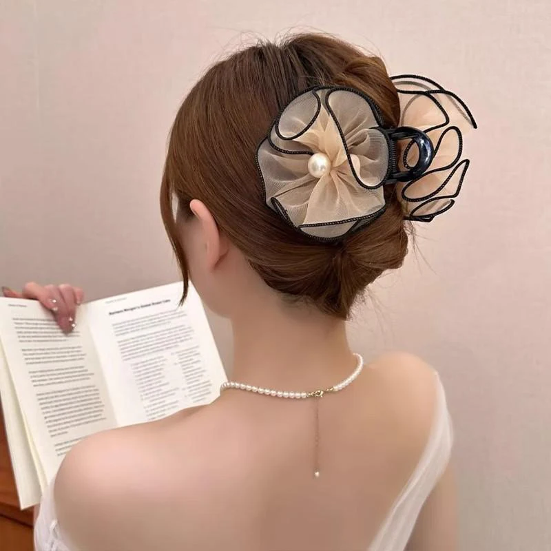 Fashion Large Mesh Flower Pearl Hair Claw For Women Girls Temperament Elegant Shark Clip Advanced Sense Hair Accessories Gifts