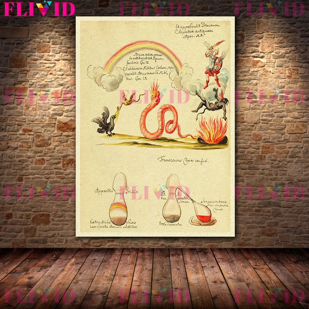 Chemical Reaction In Flask, Ancient Alchemist Manuscript Vintage Wall Art,Canvas Painting,Witchcraft Abstract Art Poster Print