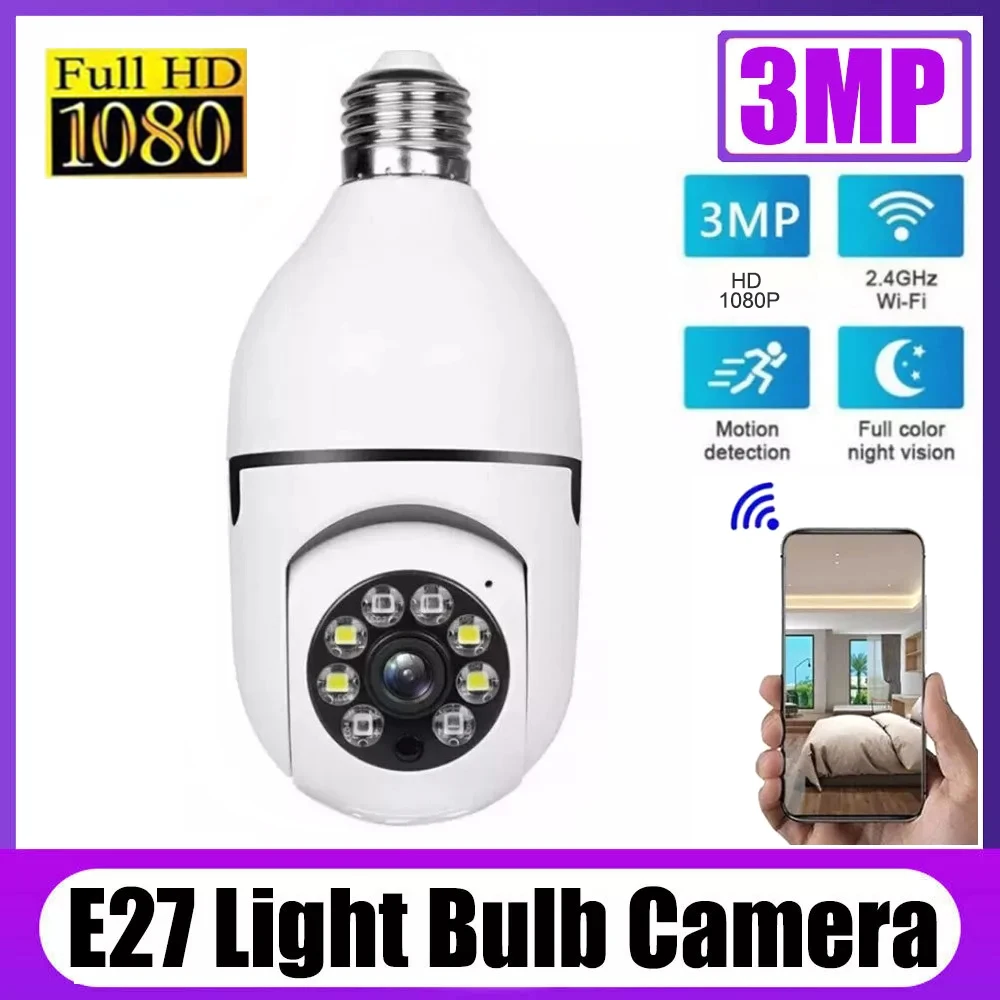 

Wifi 3MP E27 Bulb Surveillance Camera Indoor 4X Digital Zoom AI Human Detect Full Color Night Vision Wireless Cameras Smart Home