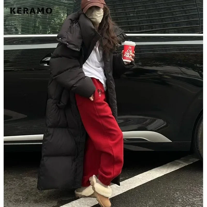 2024 Winter Women Casual Long Sleeve Outerwear Solid Color Hooded Maxi X-Long Parkas Jacket Oversized Single Breasted Warm Coat