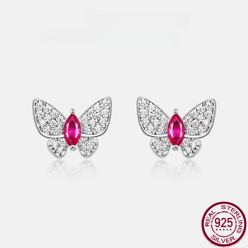 

New S925 pure silver full diamond butterfly red gemstone set with cultivated colorful earrings, fashionable wedding jewelry