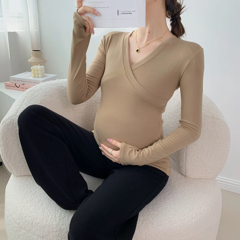 

Autumn and Winter Across V-neck Maternity Nursing Shirts Pregnant Women's Slim Fit Bottom Base Breastfeeding Shirt Tees Tops