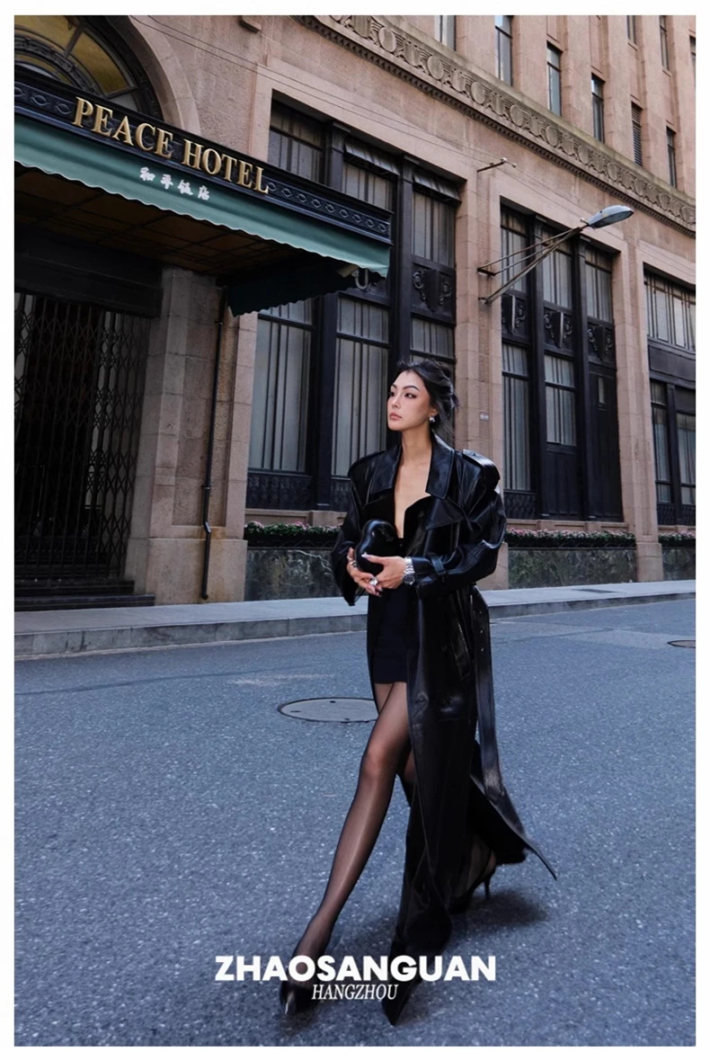 Lautaro Spring Autumn Cool Extra Long Black Loose Pu Leather Trench Coat for Women with Shoulder Pads Belt European Fashion 2024