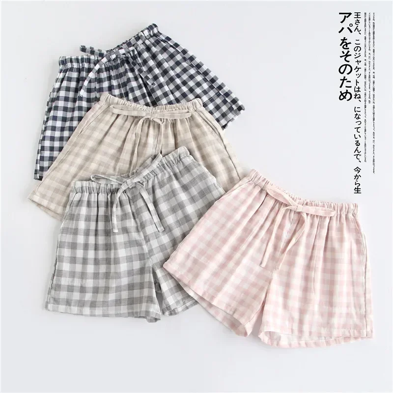 Lattice Cotton Women Casual Pajamas Men Pants Elastic Shorts Large Gauze And Size Simple Home Style Waist Summer Japanese Couple