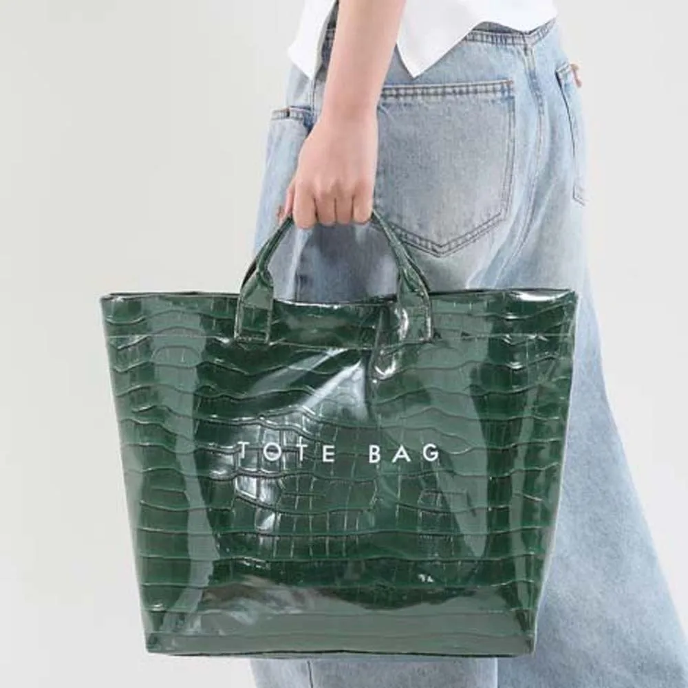 

Transparent PVC Paper Tote Bag PU Leather Solid Color Crocodile Pattern Handbag Korean Style Large Capacity