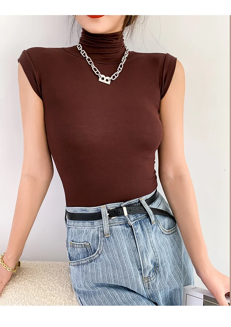 2026 Frühling Sommer Ärmelloses Rollkragen-T-Shirt für Damen Trendiges Vielseitiges Layering-Oberteil Stylisches Slim-Fit Basic-Unterhemd für Frauen – Detail 21