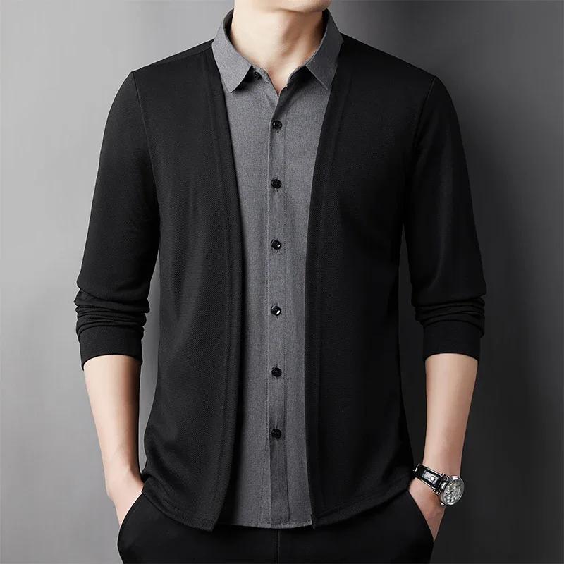 2026 Men's Casual Long Sleeved Shirt Fake Two Piece Comfortable Outdoor Cardigan Korean Version  Fashionable Versatile Top