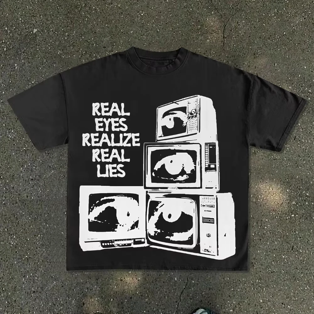 Unisex T‑shirt Retro Old TV Eyes Graphic Tee Crew Neck Short Sleeve Real Eyes Realize Real Lies Quote Punk Streetwear Top