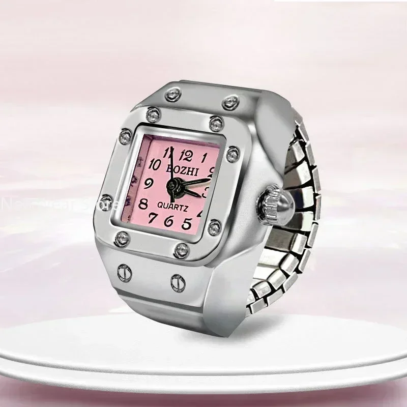 Vintage Punk Finger Watch Mini Elastic Strap Alloy Watches Couple Rings Jewelry Clock Retro Roman Quartz Watch Rings Women Men