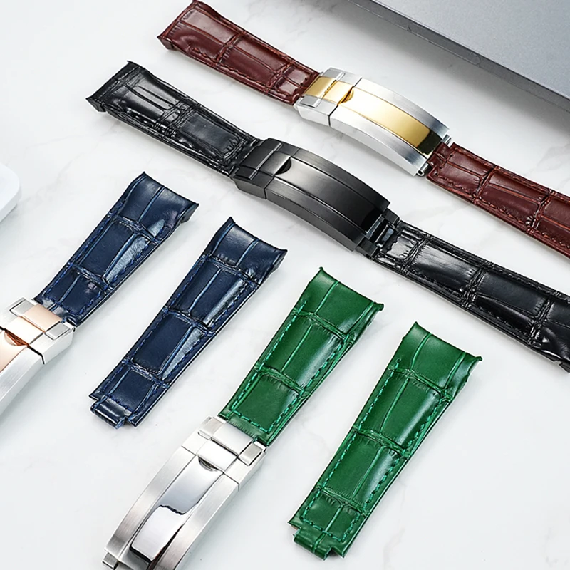 حزام ساعة من الجلد على شكل فم قوس لساعة رولكس الغواصة أسود أخضر شبح الماء GMT كونغبا دايتونا 20 مللي متر سوار معصم للرجال