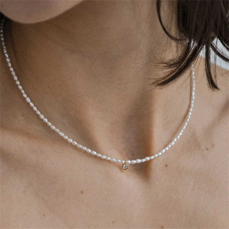 14K Gold Filled Natural Pearl Necklace Dainty Zircon Necklace Minimalism Tarnish Resistant Jewelry Boho Necklace for Women