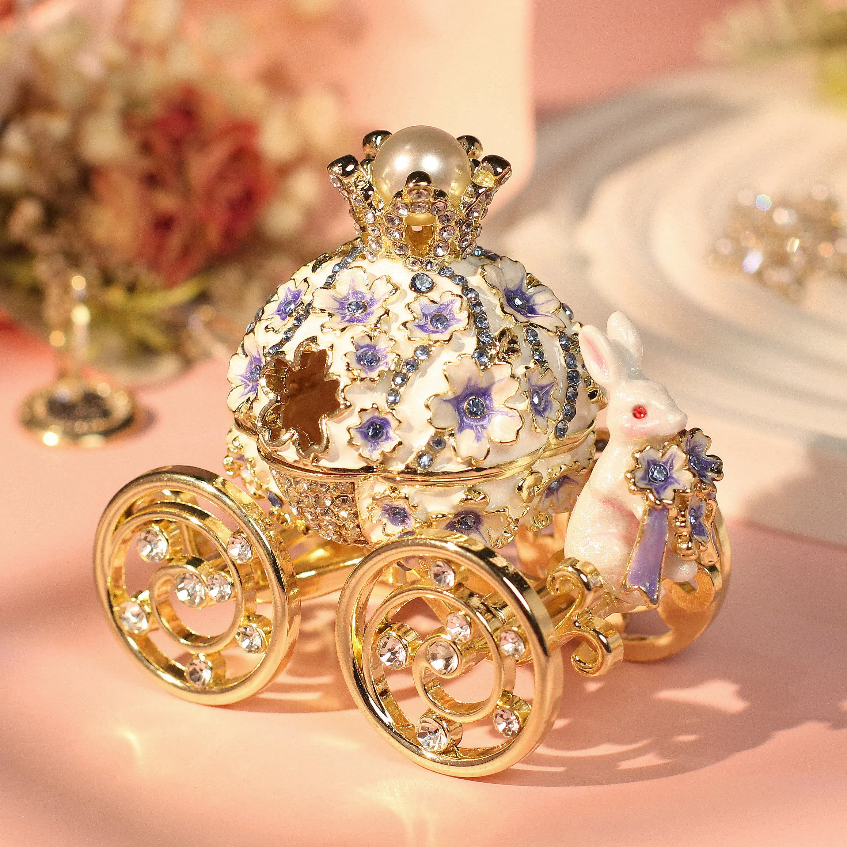 Enamel Jewelry Box Cherry Blossom Rabbit Carriage Wedding Proposal Ring Jewelry Box Ornament Gift