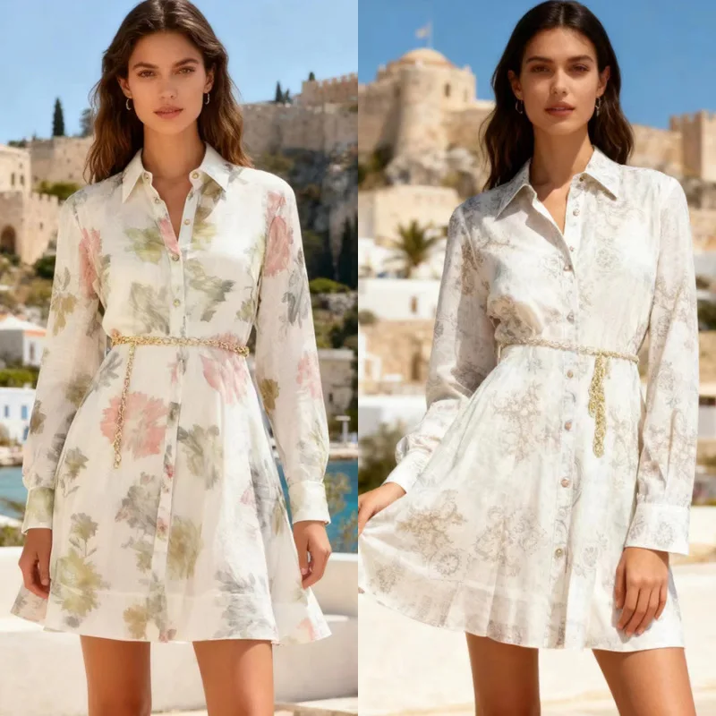 

Romantic Floral Print irt Dr ort Length Long Sve Turn-down Collar Women's Spring Summer Autumn Faion High Waist A...