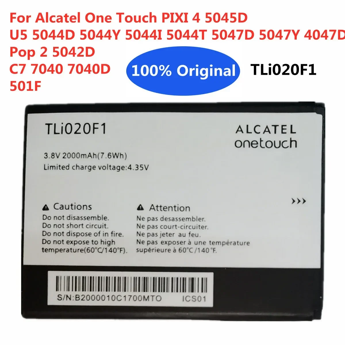 TLI020F1 Phone Battery For Alcatel One Touch PIXI 4 5045D U5 5044D / Y / I / T,5047D 5047Y 4047D Pop 2 5042D C7 7040 7040D 501F