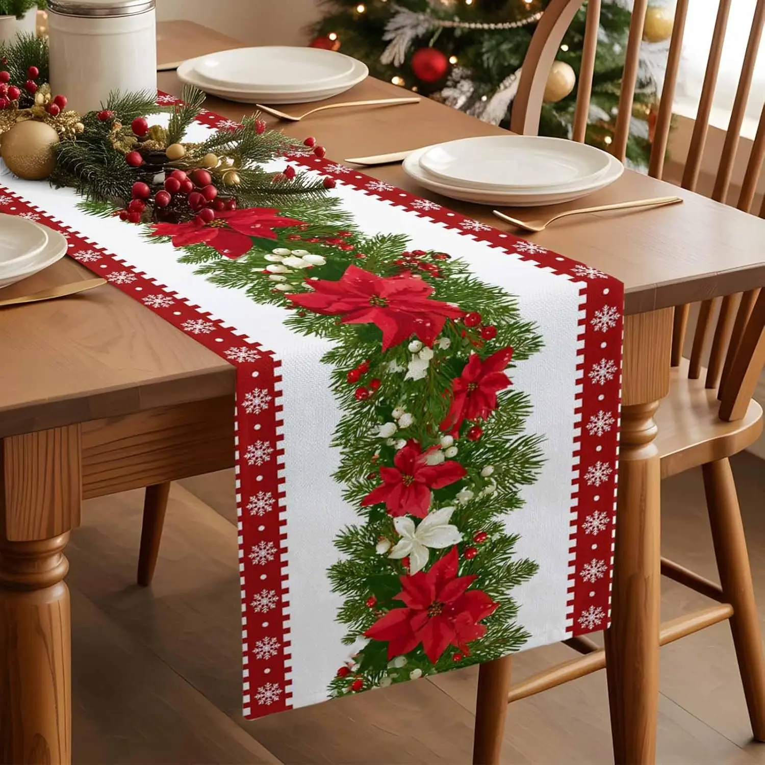 Christmas Poinsettia Pine Needle Snowflake Table Runner Party Decor Winter Xmas Kitchen Dining Table Runner Christmas Decoration