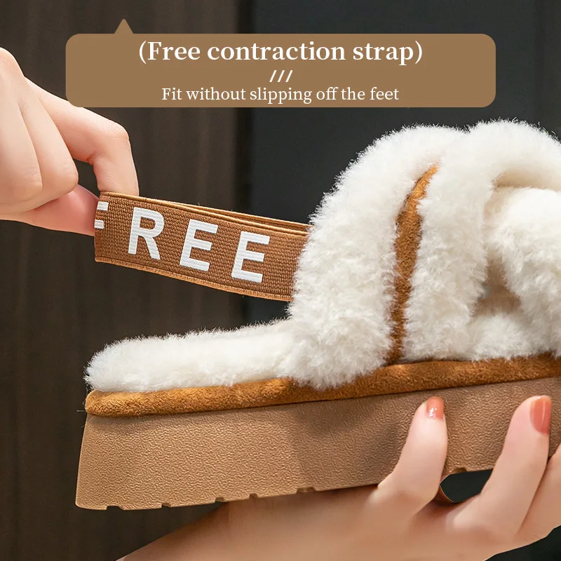 New autumn and winter fluffy cotton slippers with exposed toes for women to wear outdoors, thick soled for indoor home decor