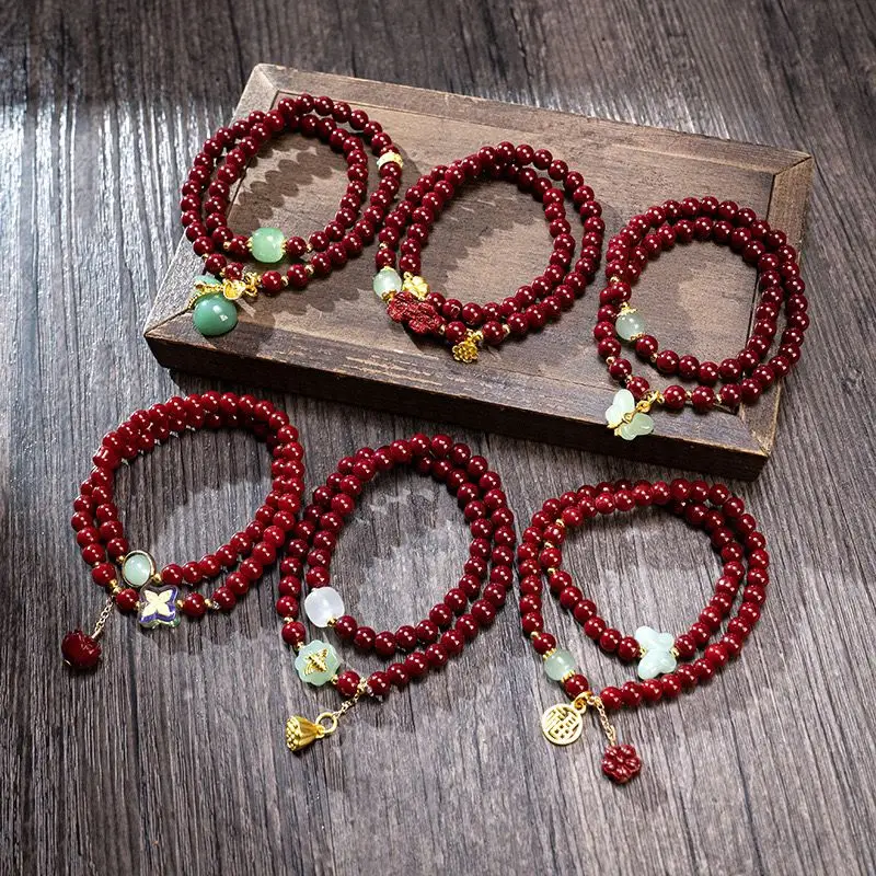 

New Chinese Lucky Double Circle Cinnabar-like Bracelet Wealth-making Pixiu Gourd Pendant Evil-warding High-grade Jewelry Amulet