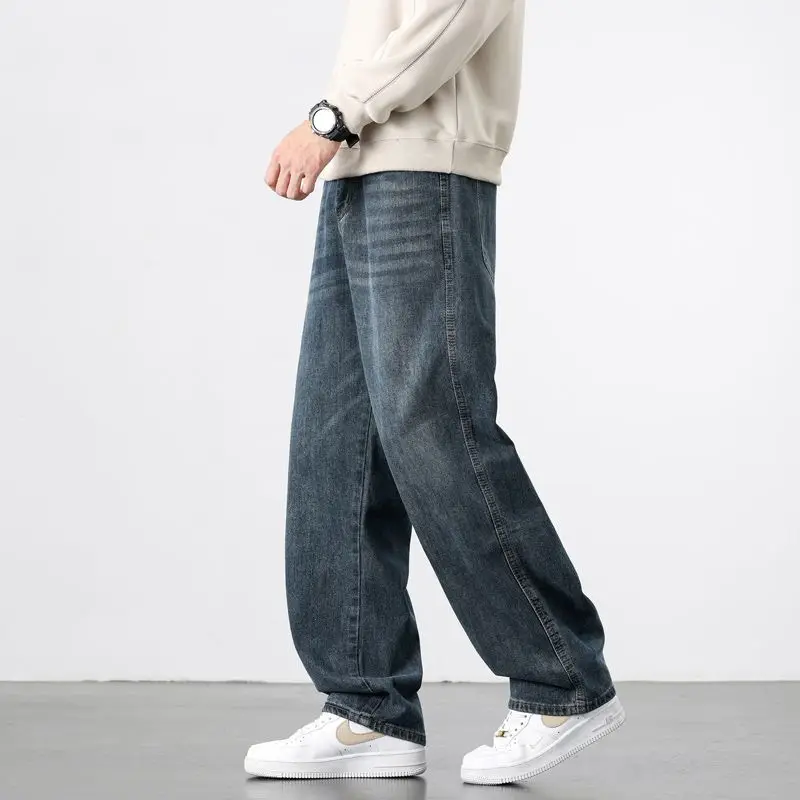 Celana Jeans Pria Lurus Longgar Musim Gugur Celana Denim Dicuci Antik Klasik Pakaian Jalanan Trendi Celana Panjang Lebar Korea Kasual